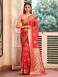 Red Banarsi Silk Blend Woven Design Zari Saree With Blouse Piece Red Banarsi Silk Blend Woven Design Zari Saree With Blouse Piece