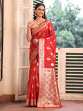 Red Banarsi Silk Blend Woven Design Zari Saree With Blouse Piece Red Banarsi Silk Blend Woven Design Zari Saree With Blouse Piece
