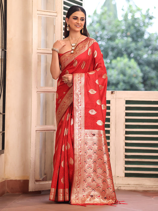Red Banarsi Silk Blend Woven Design Zari Saree With Blouse Piece Red Banarsi Silk Blend Woven Design Zari Saree With Blouse Piece