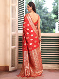 Red Banarsi Silk Blend Woven Design Zari Saree With Blouse Piece Red Banarsi Silk Blend Woven Design Zari Saree With Blouse Piece