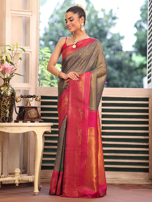 Grey Banarsi Silk Blend Woven Design Zari Saree With Blouse Piece