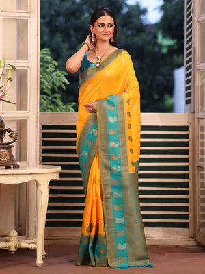 Mustard Banarsi Silk Blend Woven Design Zari Saree With Blouse Piece