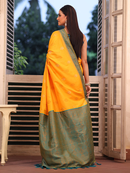 Mustard Banarsi Silk Blend Woven Design Zari Saree With Blouse Piece Mustard Banarsi Silk Blend Woven Design Zari Saree With Blouse Piece