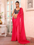 Pink Embellished Solid Chiffon Saree With Blouse Piece Pink Embellished Solid Chiffon Saree With Blouse Piece