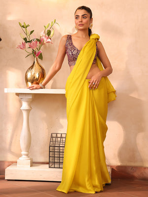 Yellow Embellished Solid Chiffon Saree With Blouse Piece
