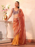 Gold Embellished Sequinned Organza Saree With Blouse Piece Gold Embellished Sequinned Organza Saree With Blouse Piece