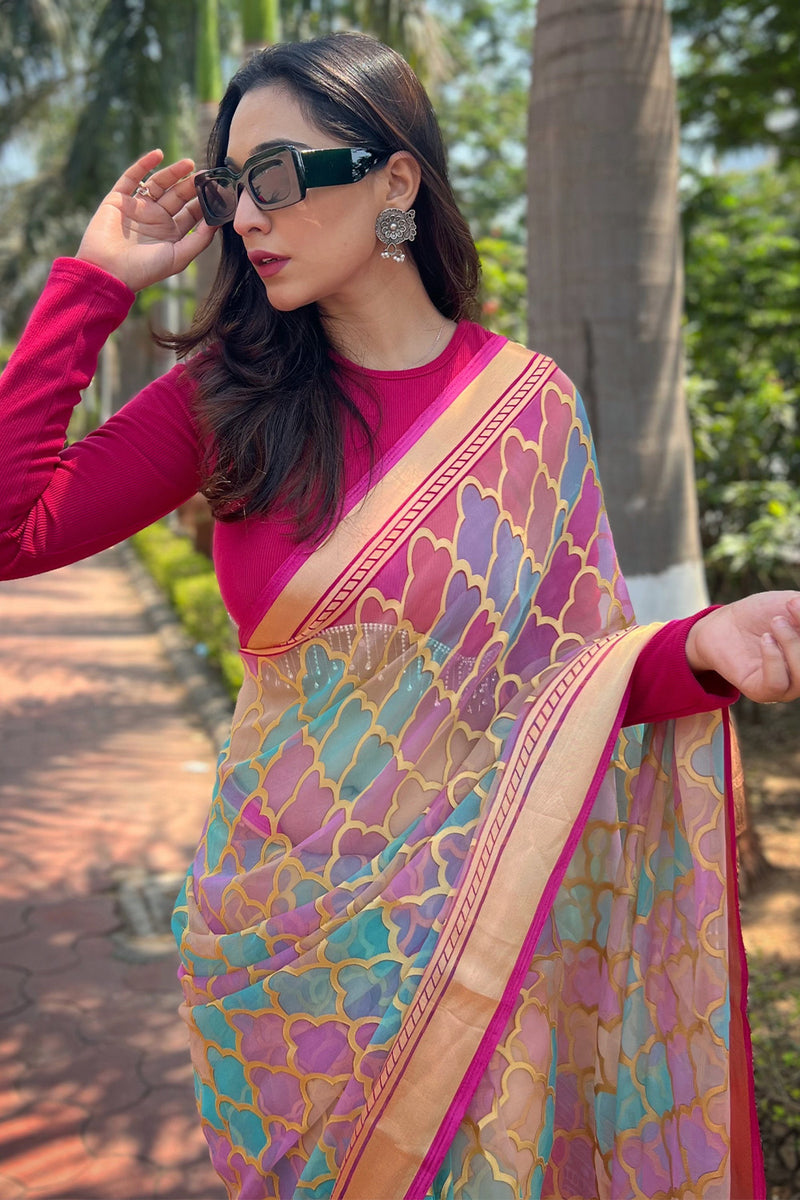 Pink Embellished Organza Sarees With Unstitched Blouse Piece