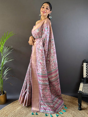 Pink Tussar Silk Saree With Blouse Piece