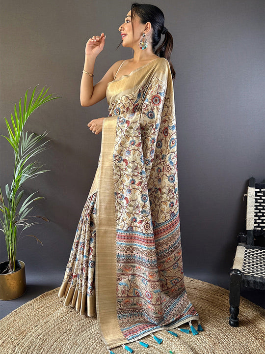 Cream Tussar Silk Saree With Blouse Piece Cream Tussar Silk Saree With Blouse Piece