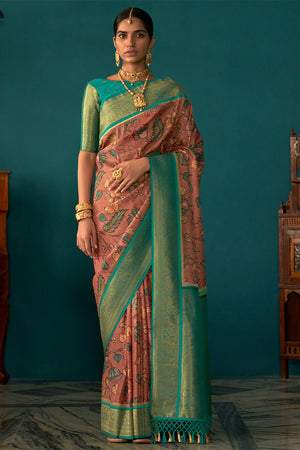 Womens Floral Printed Tusser Silk Pink Saree With Blouse Piece