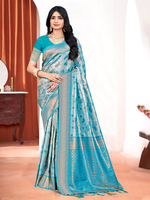 Blue Kanjivaram Silk Saree With Blouse Piece