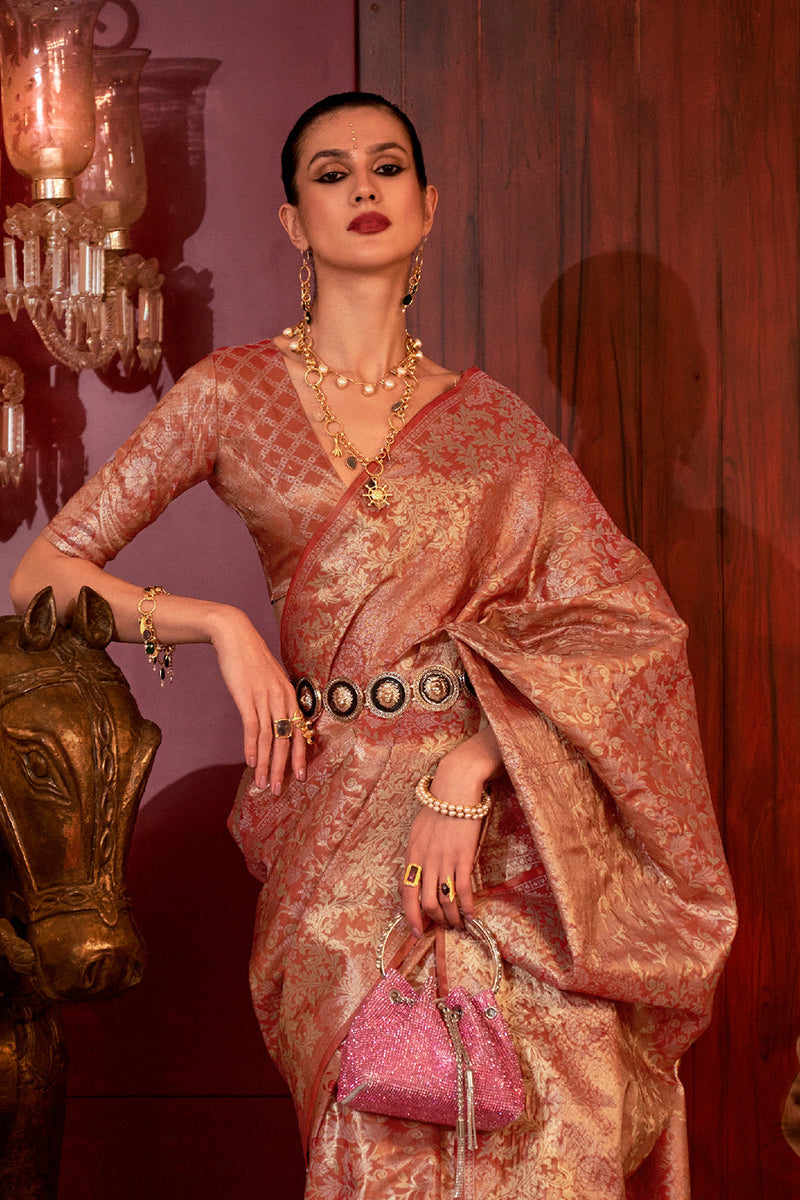 Women Orange Silk Blend Woven Zari Design Saree With Unstitched Blouse
