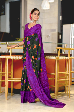 Black And Wine Pure Mulmul Cotton Flower Print Sarees Saree With Blouse Piece