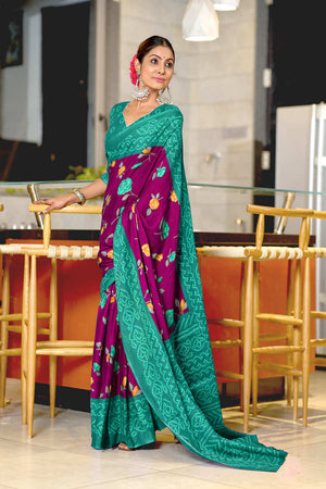 Blue And Green Pure Mulmul Cotton Flower Print Sarees Saree With Blouse Piece