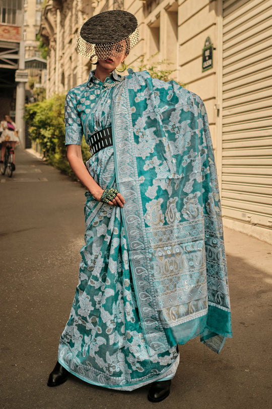 Bottle Green Chickankari Organza Saree Bottle Green Chickankari Organza Saree