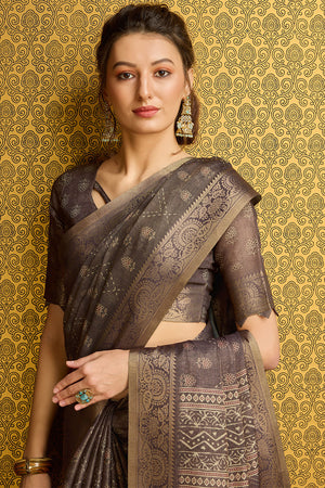 Coffee Brown Silk Coffee Brown Floral Printed Zari Saree