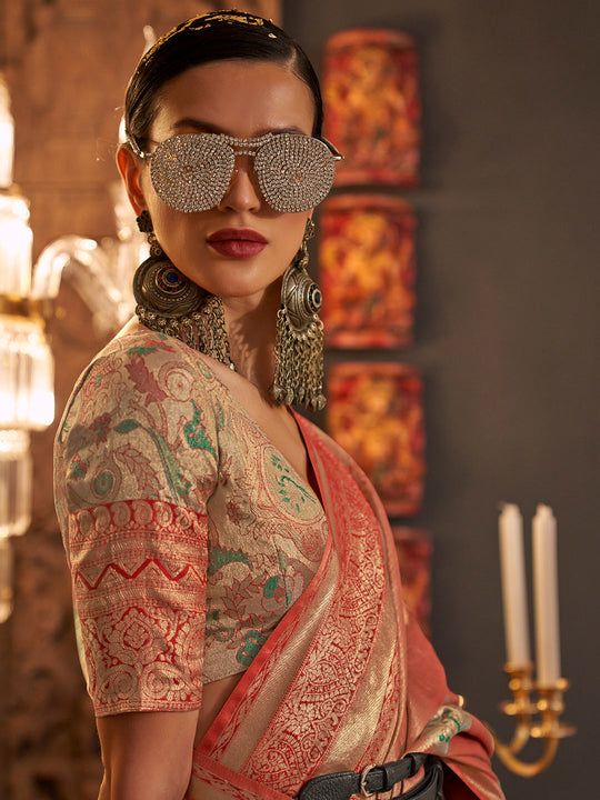 Coral Orange Kanjivaram Saree Coral Orange Kanjivaram Saree