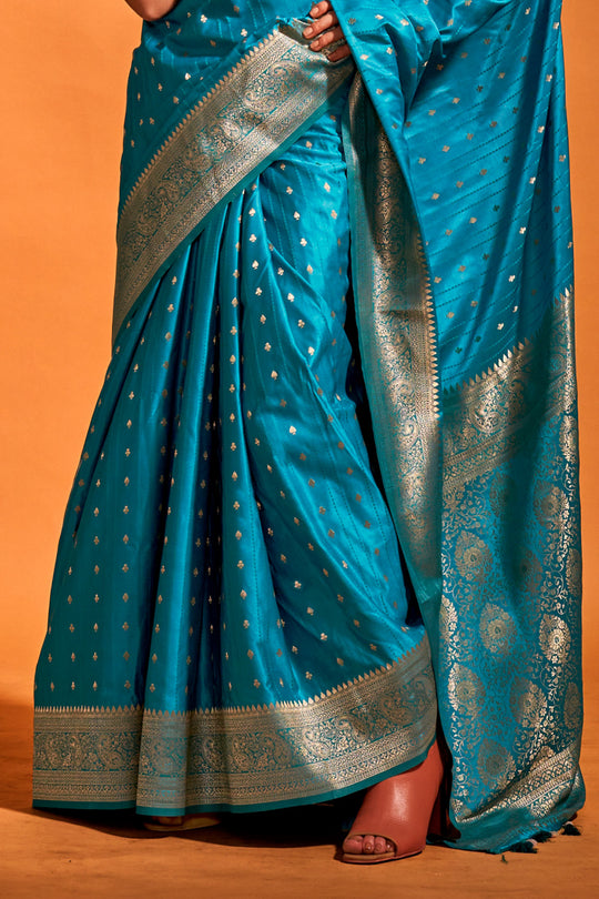 Blue Satin Banarasi Silk Saree With Blouse Piece Blue Satin Banarasi Silk Saree With Blouse Piece