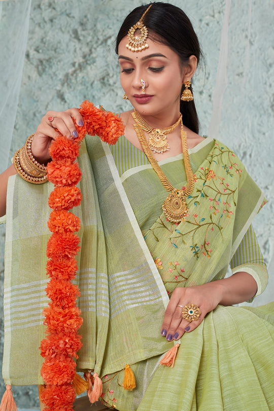 Lime Green Linen Blend Saree Lime Green Linen Blend Saree