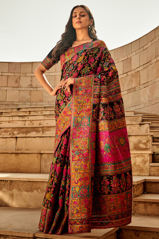 Black Multi Color Kashmiri Pashmina Silk Saree With Blouse Piece Black Multi Color Kashmiri Pashmina Silk Saree With Blouse Piece