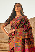 Black Multi Color Kashmiri Pashmina Silk Saree With Blouse Piece Black Multi Color Kashmiri Pashmina Silk Saree With Blouse Piece