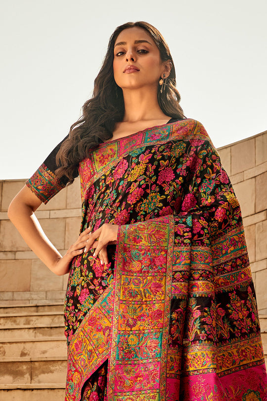 Black Multi Color Kashmiri Pashmina Silk Saree With Blouse Piece Black Multi Color Kashmiri Pashmina Silk Saree With Blouse Piece