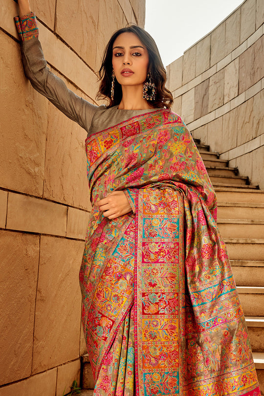 Golden Multi Color Kashmiri PashminaSilk Saree With Blouse Piece Golden Multi Color Kashmiri PashminaSilk Saree With Blouse Piece