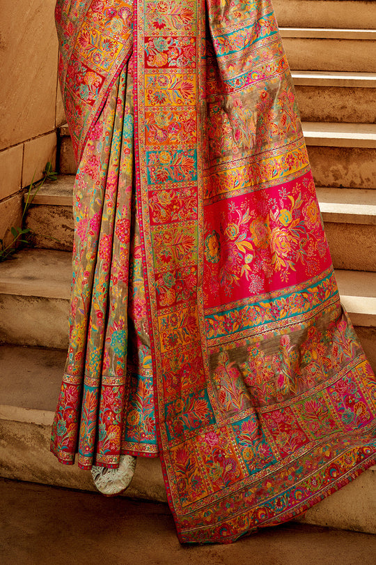 Golden Multi Color Kashmiri PashminaSilk Saree With Blouse Piece Golden Multi Color Kashmiri PashminaSilk Saree With Blouse Piece