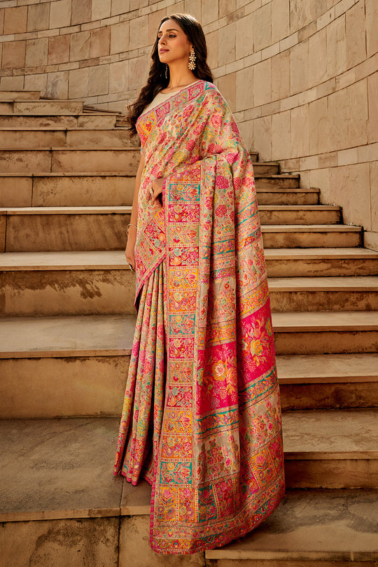 Cream Multi Color Kashmiri Pashmina Silk Saree With Blouse Piece Cream Multi Color Kashmiri Pashmina Silk Saree With Blouse Piece