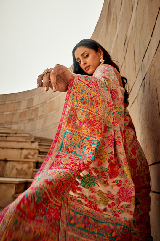 Cream Multi Color Kashmiri Pashmina Silk Saree With Blouse Piece Cream Multi Color Kashmiri Pashmina Silk Saree With Blouse Piece