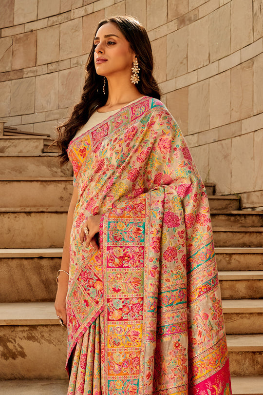 Cream Multi Color Kashmiri Pashmina Silk Saree With Blouse Piece Cream Multi Color Kashmiri Pashmina Silk Saree With Blouse Piece