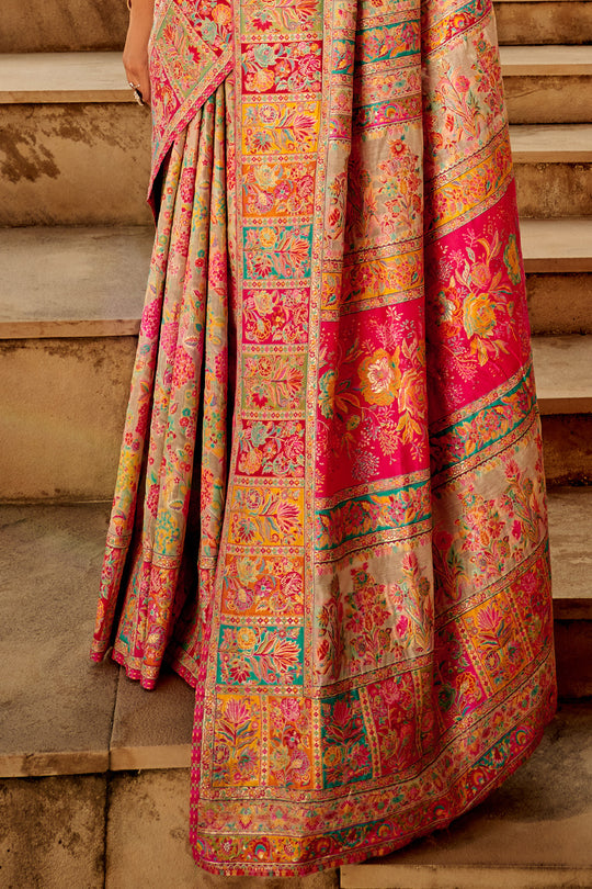 Cream Multi Color Kashmiri Pashmina Silk Saree With Blouse Piece Cream Multi Color Kashmiri Pashmina Silk Saree With Blouse Piece