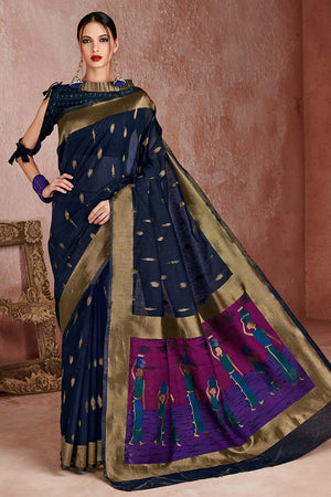 Womens Linen Blend Blue Saree With Blouse Piece