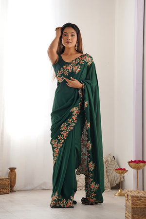 Green Vichitra Silk Sequins Embroidery Work With Cut Work Border Saree With Blouse Piece