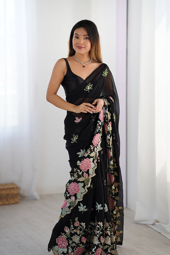 Black Vichitra Silk Sequins Embroidery Work With Cut Work Border Saree With Blouse Piece Black Vichitra Silk Sequins Embroidery Work With Cut Work Border Saree With Blouse Piece