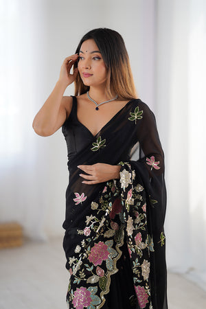 Black Vichitra Silk Sequins Embroidery Work With Cut Work Border Saree With Blouse Piece