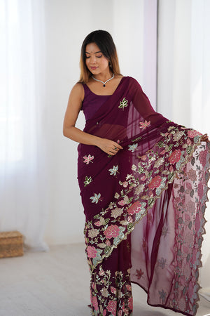 Wine Vichitra Silk Sequins Embroidery Work With Cut Work Border Saree With Blouse Piece