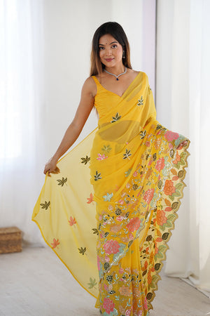 Yellow Vichitra Silk Sequins Embroidery Work With Cut Work Border Saree With Blouse Piece