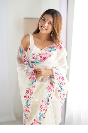 White Organza Sequins Embroidery Work With Cut Work Border Saree With Blouse Piece