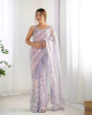 Lavender Soft Butterfly Net 3 Mm Seqwance Work Saree With Blouse Piece