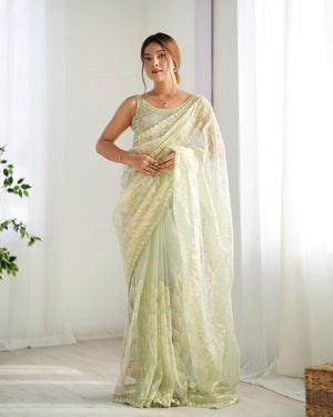 Pista Green Soft Butterfly Net 3 Mm Seqwance Work Saree With Blouse Piece