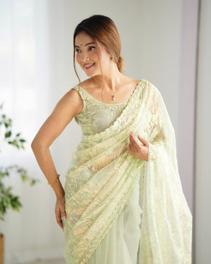 Pista Green Soft Butterfly Net 3 Mm Seqwance Work Saree With Blouse Piece