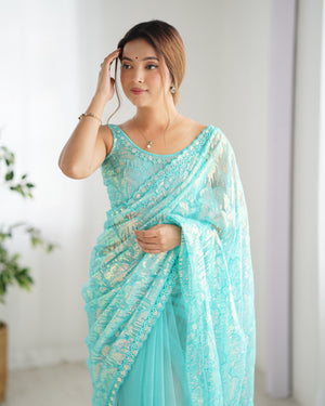Sky Blue Soft Butterfly Net 3 Mm Seqwance Work Saree With Blouse Piece