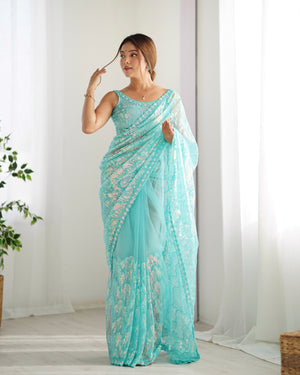 Sky Blue Soft Butterfly Net 3 Mm Seqwance Work Saree With Blouse Piece