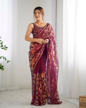 Maroon Soft Butterfly Net 3 Mm Seqwance Work Saree With Blouse Piece
