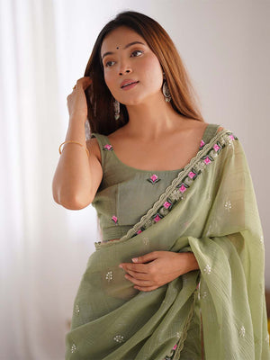 Pixel Silk Saree With Sequins Embroidery Thread Work With Blouse Piece