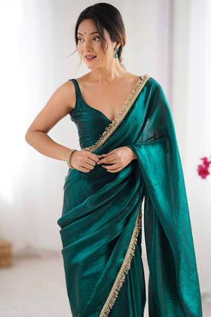 Green Fendy Satin Two Tone Sequins Hand Work Lace Border Saree With Blouse Piece