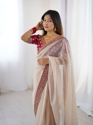 Cream Twill Net With Banarasi Crush Sequins And Cording Embroidery Work Daimond Sattin With Cording Saree With Blouse Piece