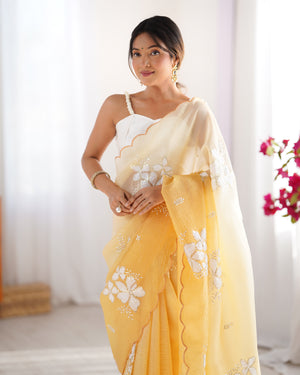 Yellow Candy Crush Padding Sequins Embroidery Work Ultra Sattin Saree With Blouse Piece