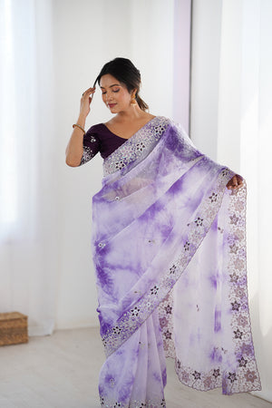 Lavender Fendy Badal Print Sequins And Cording Embroidered Work Saree With Blouse Piece